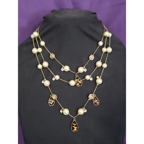 Betsey Johnson Multi Strand Necklace Faux Pearl Leopard Rose Statement Gold Tone - Picture 1 of 7